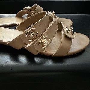 CHANEL Slip On Mules Sandals Turn-lock CC Logo